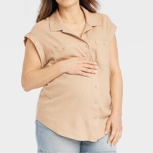 Linen Button-Up and Smocked Waist Wide Leg Pants
